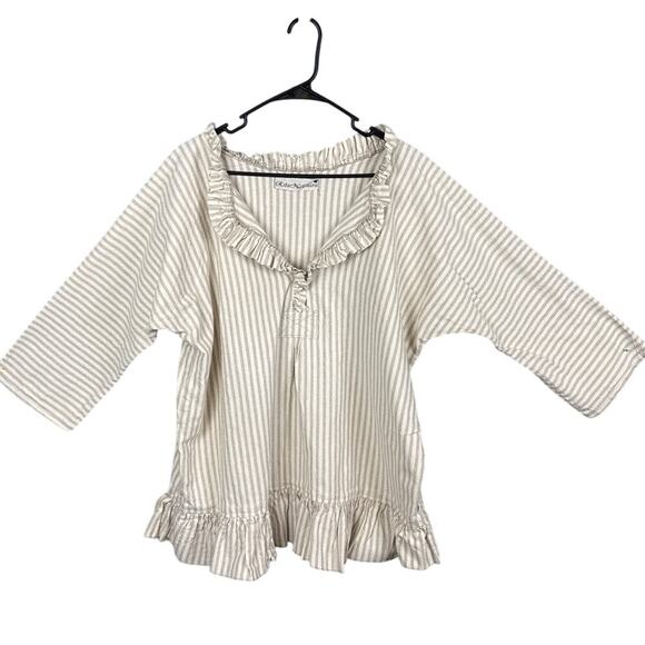Rita NoTiara Linen Ruffle Blouse Tan White Stripe One SZ  Lagenlook Boho - Picture 4 of 11